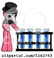 Poster, Art Print Of Pink Plague Doctor Man Using Test Tubes Or Vials On Rack