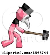 Poster, Art Print Of Pink Plague Doctor Man Hitting With Sledgehammer Or Smashing Something