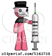Poster, Art Print Of Pink Plague Doctor Man Holding Large Syringe
