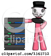 Poster, Art Print Of Pink Plague Doctor Man With Server Rack Leaning Confidently Against It