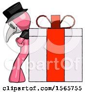 Poster, Art Print Of Pink Plague Doctor Man Gift Concept - Leaning Against Large Present