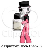 Pink Plague Doctor Man Holding White Medicine Bottle