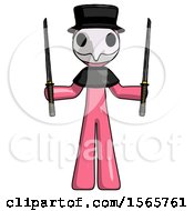 Poster, Art Print Of Pink Plague Doctor Man Posing With Two Ninja Sword Katanas Up