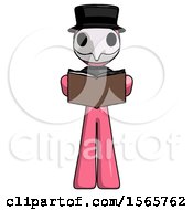 Poster, Art Print Of Pink Plague Doctor Man Reading Book While Standing Up Facing Viewer