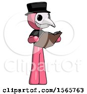 Poster, Art Print Of Pink Plague Doctor Man Reading Book While Standing Up Facing Away
