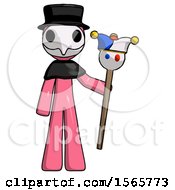 Poster, Art Print Of Pink Plague Doctor Man Holding Jester Staff