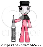 Poster, Art Print Of Pink Plague Doctor Man Standing With Large Thermometer