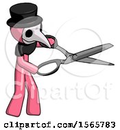 Poster, Art Print Of Pink Plague Doctor Man Holding Giant Scissors Cutting Out Something