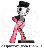 Pink Plague Doctor Man Cleaning Services Janitor Sweeping Floor With Push Broom