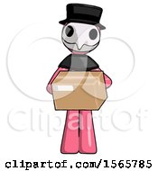 Poster, Art Print Of Pink Plague Doctor Man Holding Box Sent Or Arriving In Mail