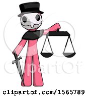 Poster, Art Print Of Pink Plague Doctor Man Justice Concept With Scales And Sword Justicia Derived