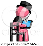 Poster, Art Print Of Pink Plague Doctor Man Using Laptop Computer While Sitting In Chair View From Back