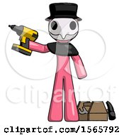 Poster, Art Print Of Pink Plague Doctor Man Holding Drill Ready To Work Toolchest And Tools To Right