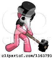 Poster, Art Print Of Pink Plague Doctor Man Hitting With Sledgehammer Or Smashing Something At Angle