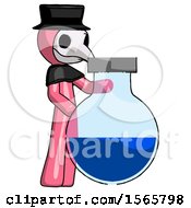 Pink Plague Doctor Man Standing Beside Large Round Flask Or Beaker