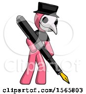 Pink Plague Doctor Man Drawing Or Writing With Large Calligraphy Pen