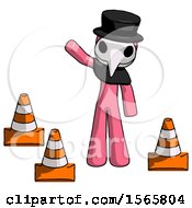 Poster, Art Print Of Pink Plague Doctor Man Standing By Traffic Cones Waving