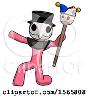 Poster, Art Print Of Pink Plague Doctor Man Holding Jester Staff Posing Charismatically
