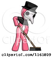 Poster, Art Print Of Pink Plague Doctor Man Cleaning Services Janitor Sweeping Side View