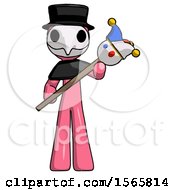 Poster, Art Print Of Pink Plague Doctor Man Holding Jester Diagonally