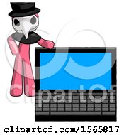 Poster, Art Print Of Pink Plague Doctor Man Beside Large Laptop Computer Leaning Against It