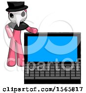 Pink Plague Doctor Man Beside Large Laptop Computer Leaning Against It