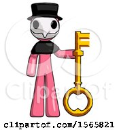 Poster, Art Print Of Pink Plague Doctor Man Holding Key Made Of Gold
