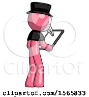 Poster, Art Print Of Pink Plague Doctor Man Looking At Tablet Device Computer Facing Away