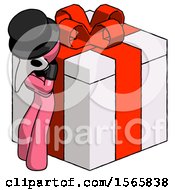 Poster, Art Print Of Pink Plague Doctor Man Leaning On Gift With Red Bow Angle View