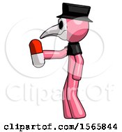 Pink Plague Doctor Man Holding Red Pill Walking To Left