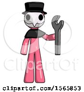 Poster, Art Print Of Pink Plague Doctor Man Holding Wrench Ready To Repair Or Work