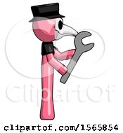 Poster, Art Print Of Pink Plague Doctor Man Using Wrench Adjusting Something To Right