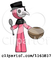 Poster, Art Print Of Pink Plague Doctor Man With Empty Bowl And Spoon Ready To Make Something