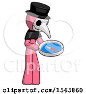Poster, Art Print Of Pink Plague Doctor Man Looking At Large Compass Facing Right