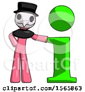 Poster, Art Print Of Pink Plague Doctor Man With Info Symbol Leaning Up Against It