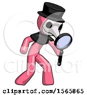 Poster, Art Print Of Pink Plague Doctor Man Inspecting With Large Magnifying Glass Right