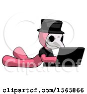 Poster, Art Print Of Pink Plague Doctor Man Using Laptop Computer While Lying On Floor Side Angled View