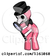 Poster, Art Print Of Pink Plague Doctor Man Inspecting With Large Magnifying Glass Left