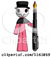 Poster, Art Print Of Pink Plague Doctor Man Holding Giant Calligraphy Pen
