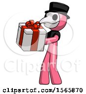 Poster, Art Print Of Pink Plague Doctor Man Presenting A Present With Large Red Bow On It