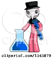 Poster, Art Print Of Pink Plague Doctor Man Holding Test Tube Beside Beaker Or Flask