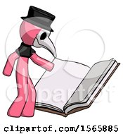Poster, Art Print Of Pink Plague Doctor Man Reading Big Book While Standing Beside It
