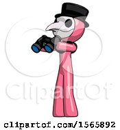 Poster, Art Print Of Pink Plague Doctor Man Holding Binoculars Ready To Look Left