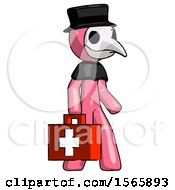 Poster, Art Print Of Pink Plague Doctor Man Walking With Medical Aid Briefcase To Right