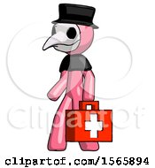 Poster, Art Print Of Pink Plague Doctor Man Walking With Medical Aid Briefcase To Left