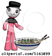 Poster, Art Print Of Pink Plague Doctor Man And Noodle Bowl Giant Soup Restaraunt Concept