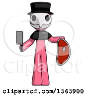 Poster, Art Print Of Pink Plague Doctor Man Holding Large Steak With Butcher Knife