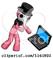 Poster, Art Print Of Pink Plague Doctor Man Throwing Laptop Computer In Frustration