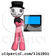 Pink Plague Doctor Man Holding Laptop Computer Presenting Something On Screen
