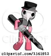 Poster, Art Print Of Pink Plague Doctor Man Writing With A Really Big Pen